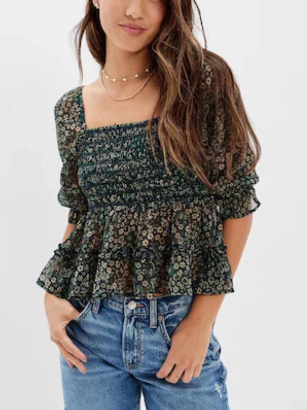 American Eagle Outfitters Dark Green Floral Blouse Sz M